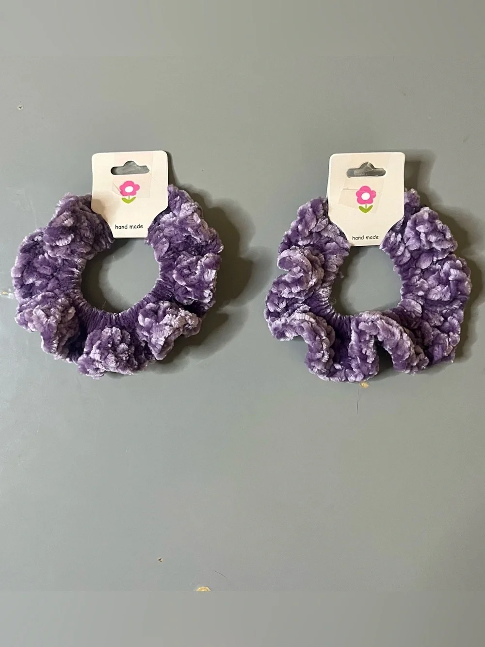 Set of 2 Purple Velvet Crochet Scrunchies Handmade NWT Chenille Hair Ties